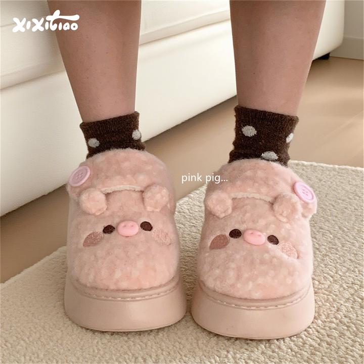 细细条 软萌可爱小猪面包鞋女冬休闲百搭户外保暖加绒魔术贴棉鞋