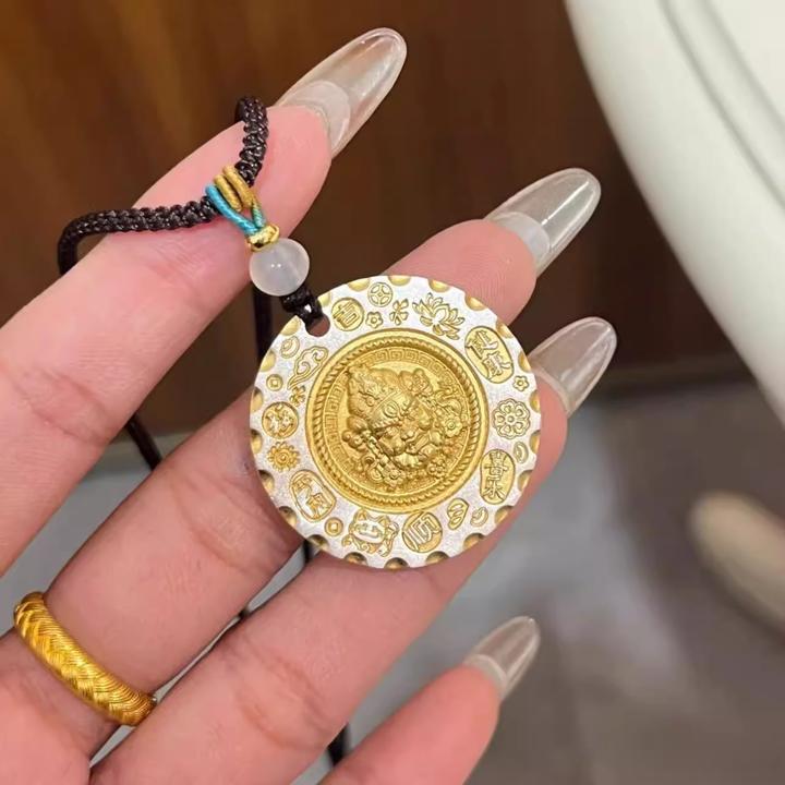 吊坠足银 古法吉言黄财神描金纯银999吊坠情侣项链足银无事牌