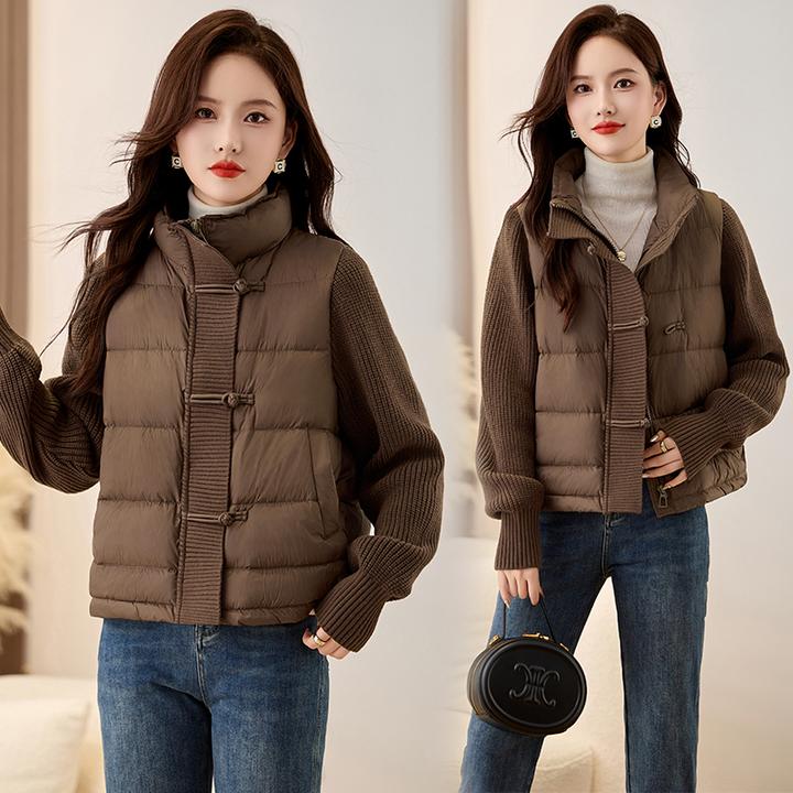 新中式盘扣羽绒服女2025冬季新款显瘦气质针织拼接立领白鸭绒外套