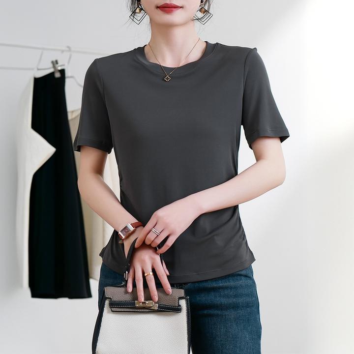 真丝T恤女2024年春季新款短袖时尚洋气内搭桑蚕丝深灰打底衫上衣