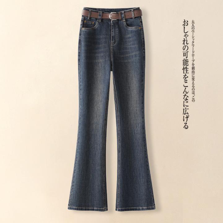 拉夏贝尔微喇牛仔裤女秋冬2025高腰九分小个子马蹄裤加绒喇叭长裤