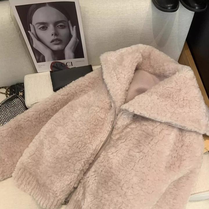 秋冬保暖上衣女短款气质时尚大翻领拉链皮毛气质高级感灰色短外套