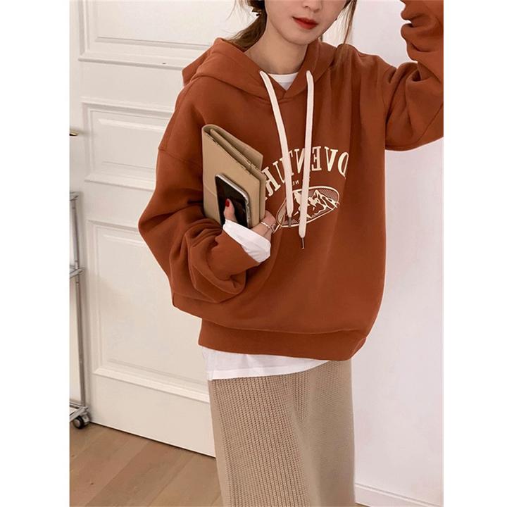 美式复古橘色连帽上衣女秋冬时尚气质小个子宽松正肩短款卫衣外套