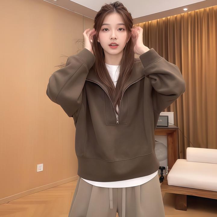 通勤风洋气连帽半拉链毛衣女2025秋季大码胖MM别致气质休闲上衣