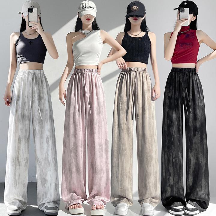 冰丝醋酸缎面扎染阔腿裤女夏季宽松直筒垂感拖地休闲直筒裤