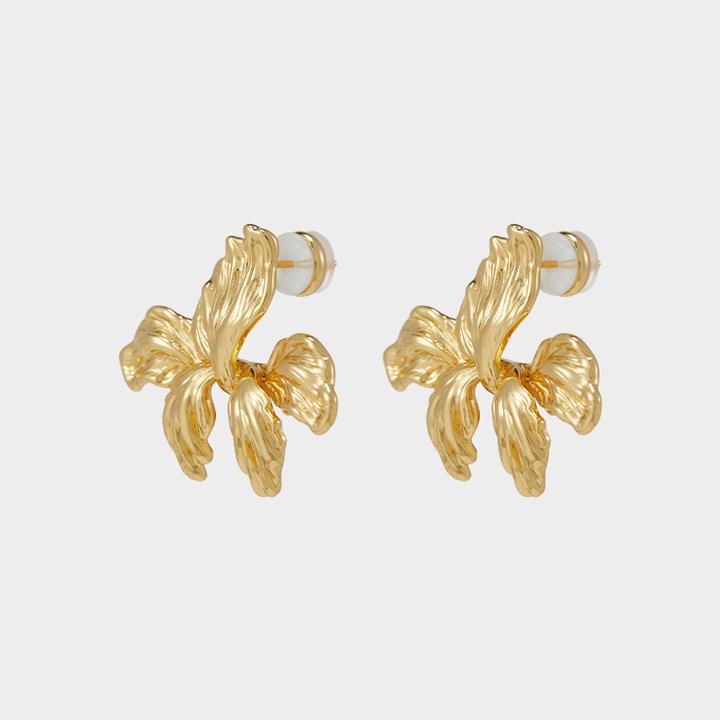 铜合金耳饰 中古感复古肌理鸢尾花耳环铜镀18K925银针耳饰