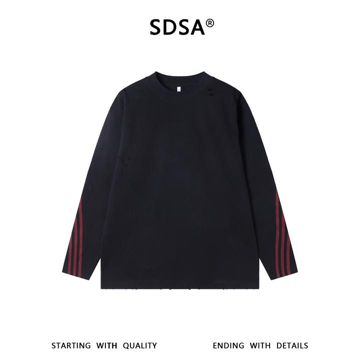 SDSA男士秋冬新款痞帅男装韩版撞色织带破洞圆领长袖T恤百搭宽松