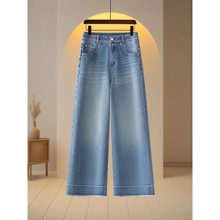 小个子烫钻设计感窄版阔腿牛仔裤女2025春秋新款浅蓝色九分直筒裤