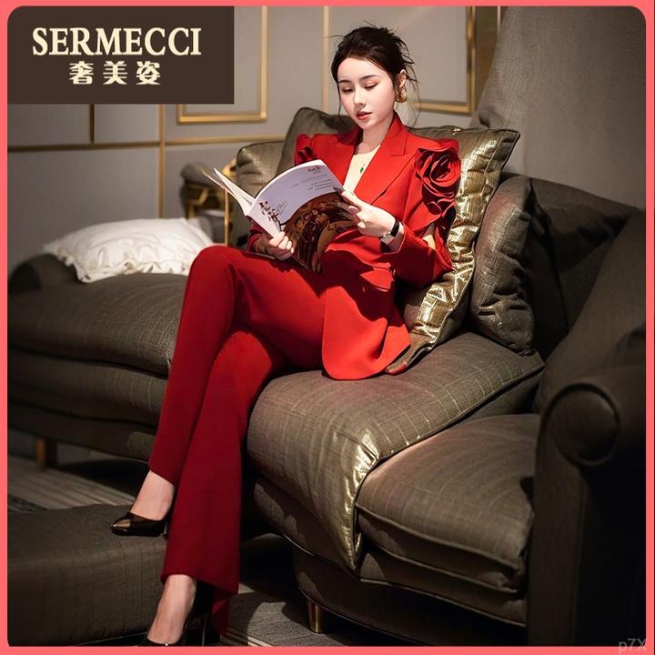 高级感红色西装套装奢美姿成熟御姐秋季花朵西服西裤两件套