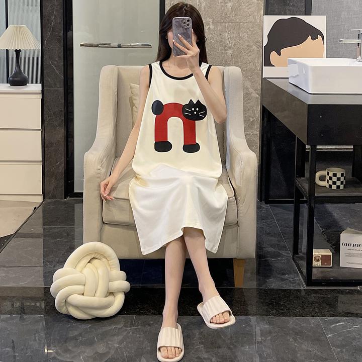 时尚睡裙女夏季吊带睡衣大码凉感可外穿凉感U型猫背心夏天家居服