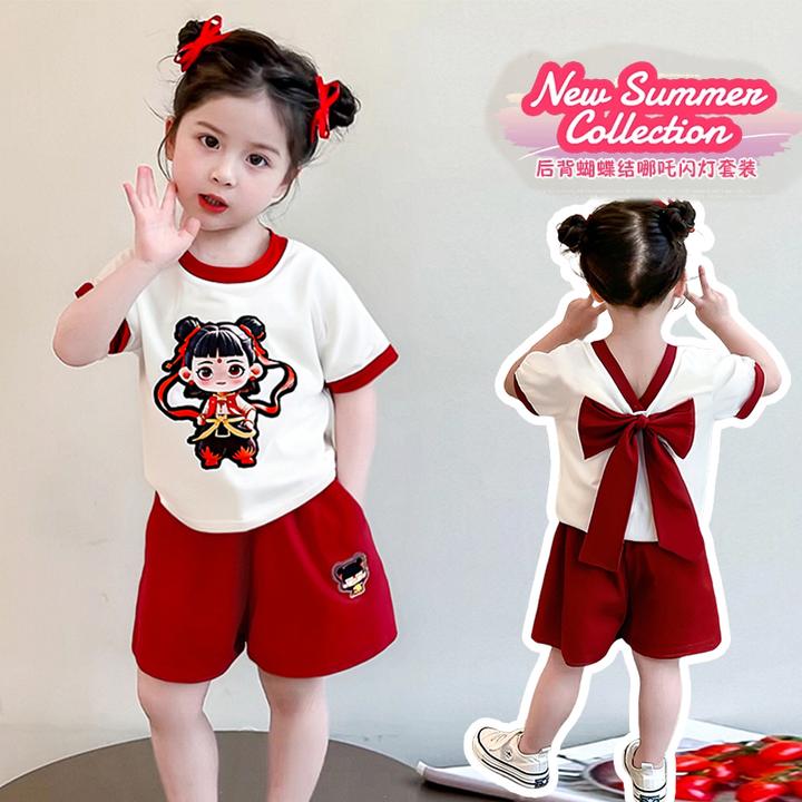 女童哪吒夏季短袖套装2025新款儿童中国风卡通洋气两件套发光T恤