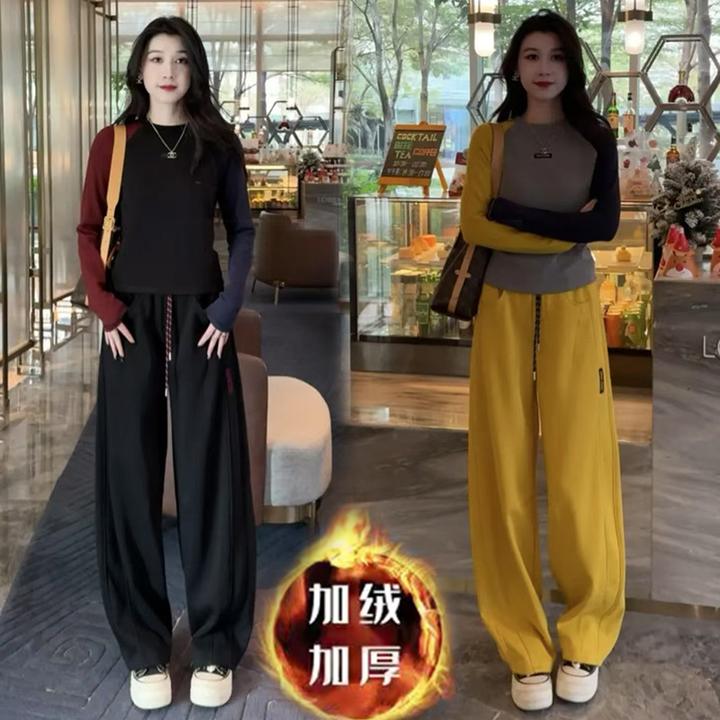设计感时尚休闲套装女2025春装新款拼色长袖T恤弯刀裤洋气两件套