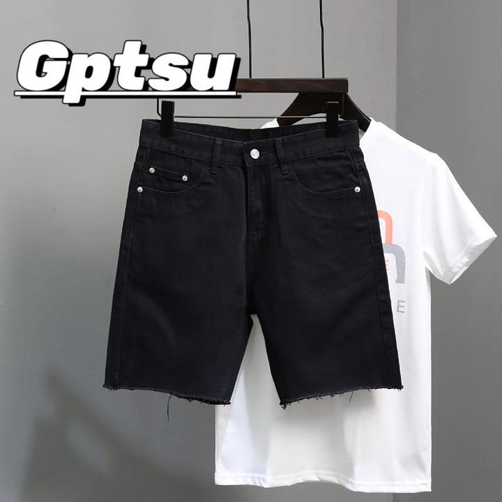 GPTSu黑色牛仔短裤男个性毛边裤脚百搭五分裤夏季修身潮牌烟管裤