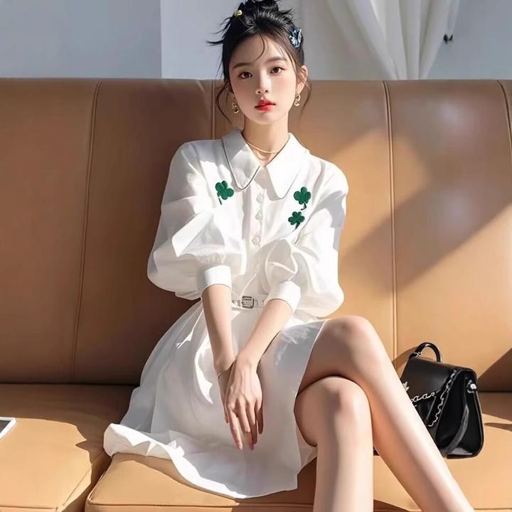 夏季白色长袖衬衫连衣裙气质裙子春季2025新款洋气收腰短裙