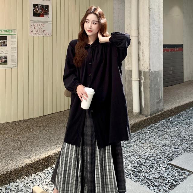 黑色巨好看文艺范长衫叠穿套装裙女秋季2025新款格子半身裙两件套