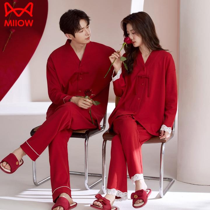 猫人红色睡衣男情侣新婚睡衣纯棉结婚情侣套装开衫长袖家居服秋季