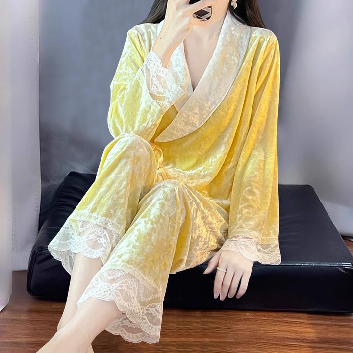 轻奢法式金丝绒睡衣女秋冬季2024新款粉色蕾丝家居服时尚气质套装