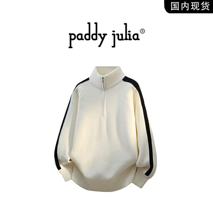 Paddy julia美式半高领拉链男款毛衣秋冬季拼接潮流针织休闲上衣