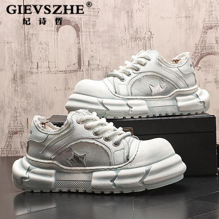 纪诗哲厚底男士潮流休闲鞋子复古做旧牛仔男士复古厚底透气滑板鞋