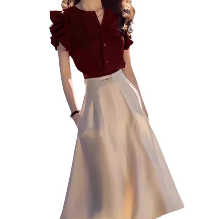 气场强大高端名媛气质女神范高级感上流社会红色衬衫连衣裙套装夏