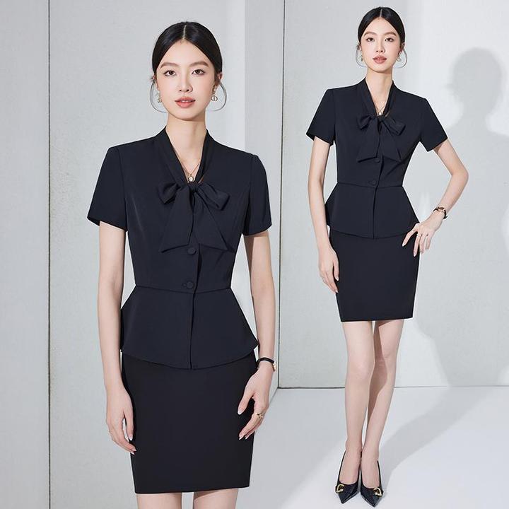 黑色西装套装女夏季2025新款职业正装酒店前台工作服短袖西服套裙