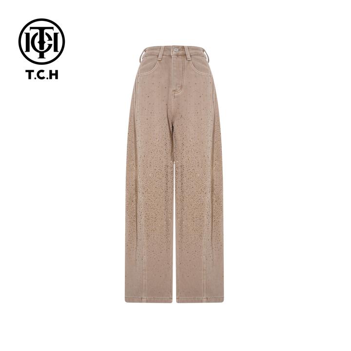 TCH【阔腿】冬款百搭时尚烫钻慵懒风卡其色阔腿牛仔裤T75D20E1233