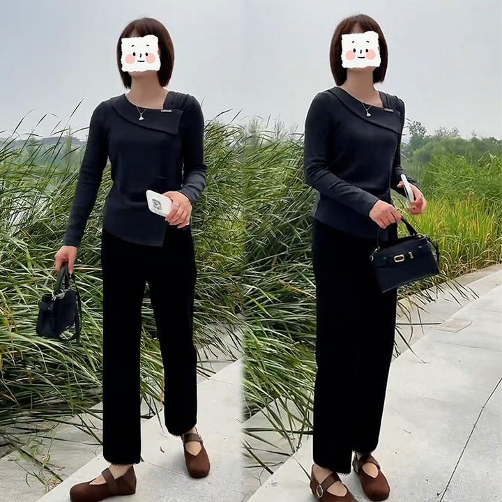 早秋新款设计感复古简约气质显瘦别致开衩长袖上衣女休闲裤两件套