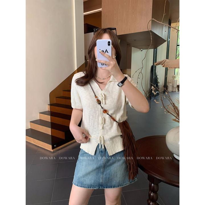 现货9781X大婉酱千千微胖定制 翻领针织短袖夏季气质时尚薄款上衣