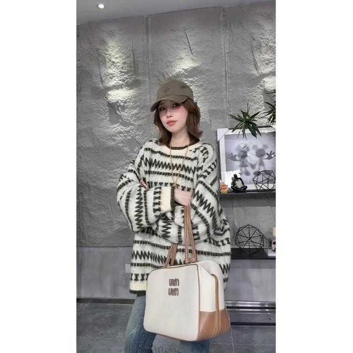 法式复古圆领针织衫毛衣百搭加厚休闲女上衣宽松型时尚慵懒风