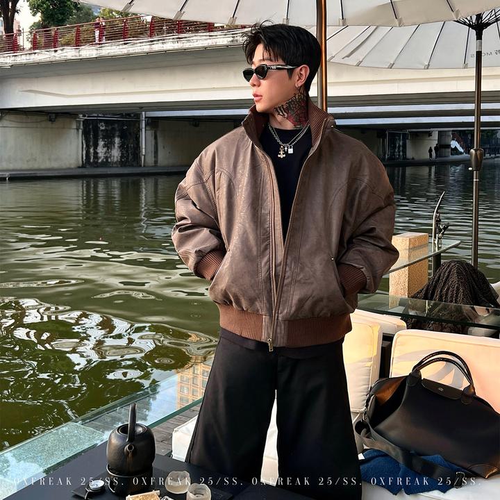 OXFREAK「PU皮 做旧纹理」冬季立领90白鸭绒羽绒服男宽松保暖外套