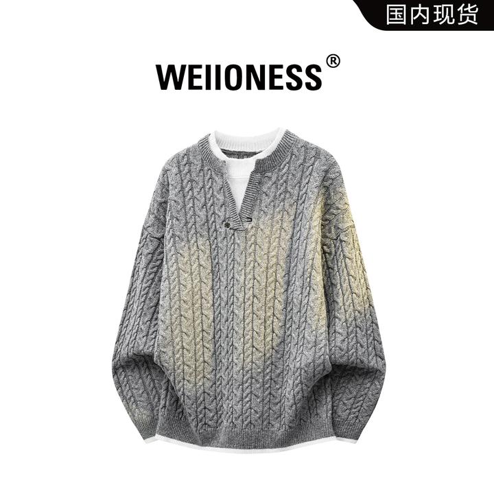 WEIIONESS提花针织衫男士秋冬复古潮流ins休闲毛衣轻奢高级感男装