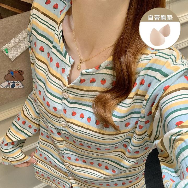 ins风草莓条纹带胸垫睡衣女款春秋季爆款长袖长裤女士家居服套装