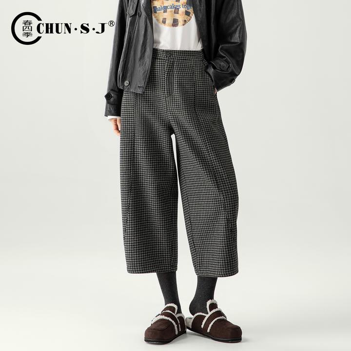 2025年新款冬季小个子加绒格子裤弯刀阔腿裤时尚千鸟格休闲八分裤