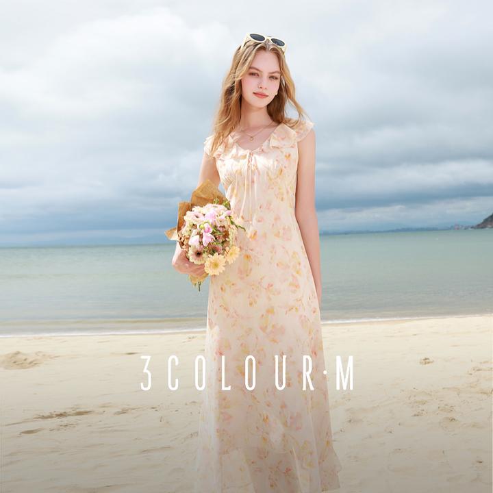 0148【CC专属】三彩2025夏季新款碎花连衣裙荷叶边系带收腰A字dbx