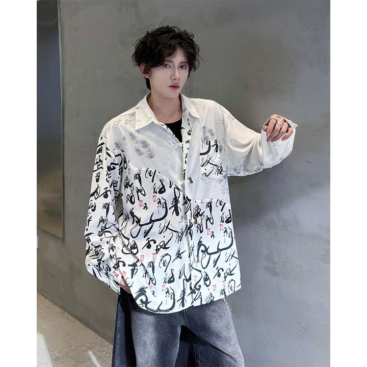 新中式潮牌扎染拼接冰丝衬衫男长袖春秋季中国风印花宽松汉服外套