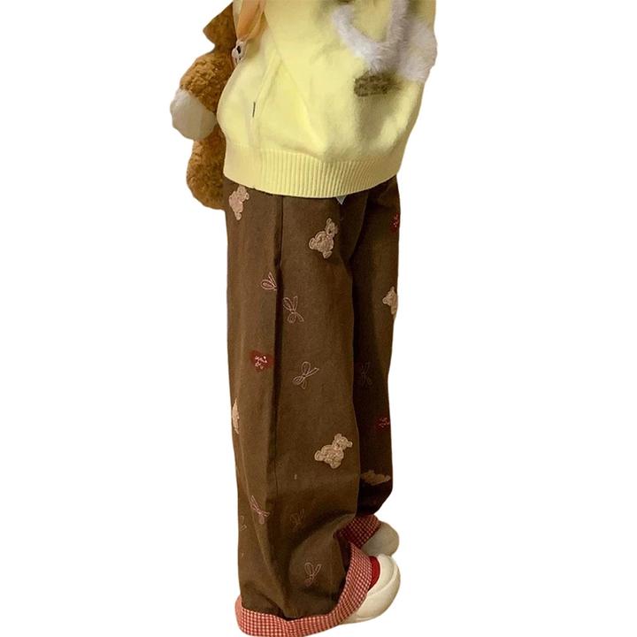 美式复古可爱小熊牛仔裤女春季设计感格子卷边高腰直筒休闲阔腿裤