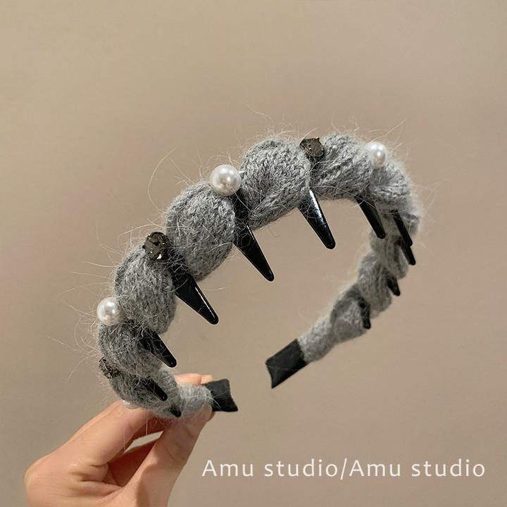 秋冬灰色毛线针织珠珠带齿防滑发箍女气质增高高颅顶波浪头箍发卡