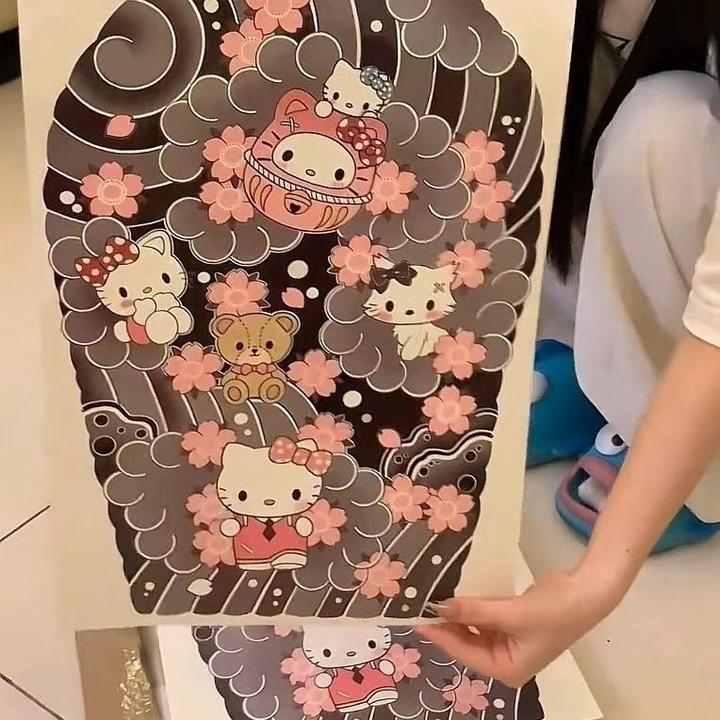 日式凯蒂猫彩色全包花臂纹身贴男防水持久女仿真可爱卡通贴纸耐磨