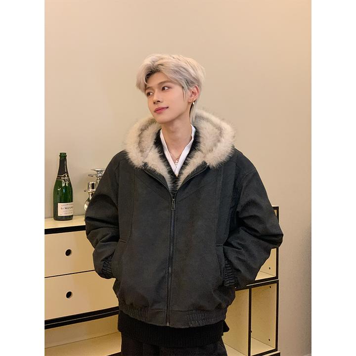 孙恩盛【 「霜冻纹路 座山雕」大毛领PU皮外套男女连帽冬季棉服宽松