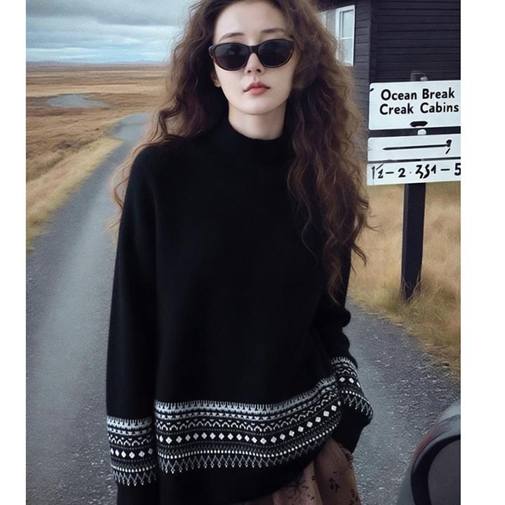 费尔岛风半高领提花软糯保暖毛衣女秋冬黑色女式秋冬软糯高领毛衣