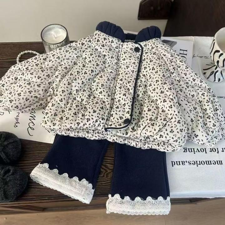 韩版童装2025新款冬季女童碎花加绒棉衣外套儿童花边喇叭裤两件套