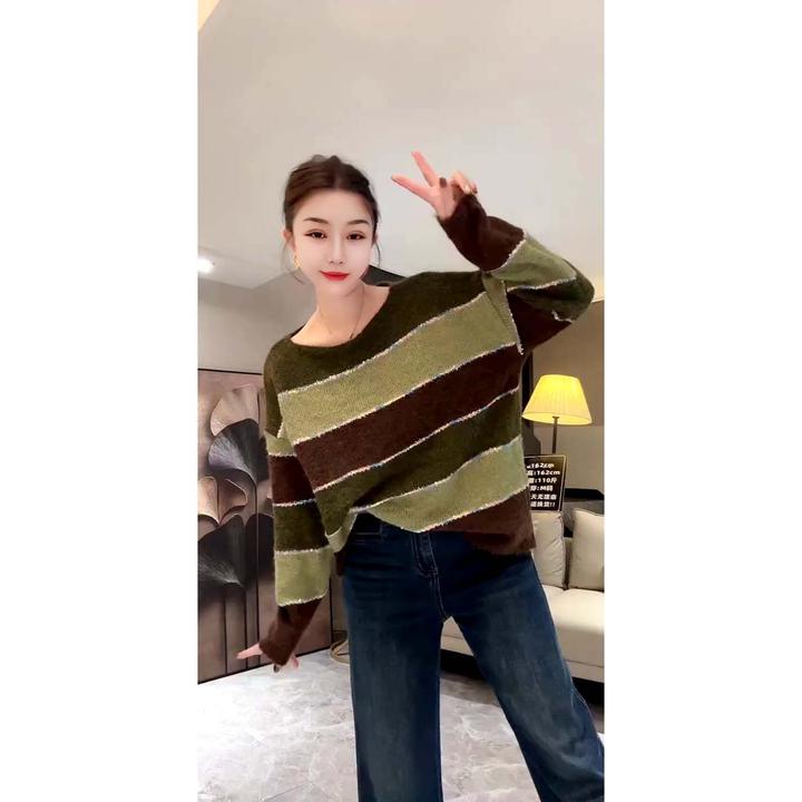 欧货宽松显瘦百搭撞色条纹落肩袖套头长袖毛衣