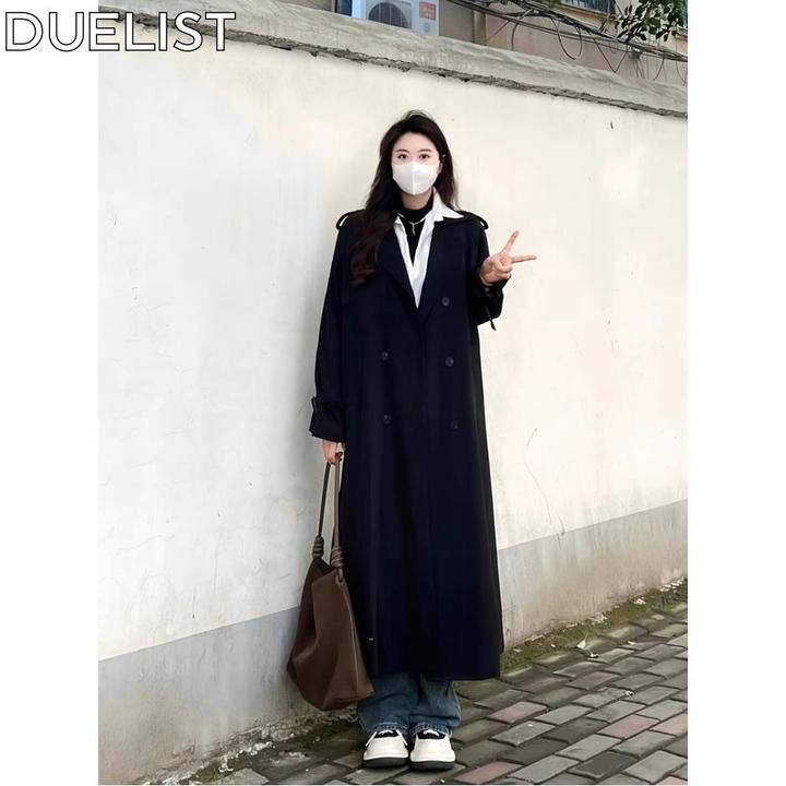DUELIST高个子宽松大码风衣外套秋季英伦风加长款女流行黑色大衣