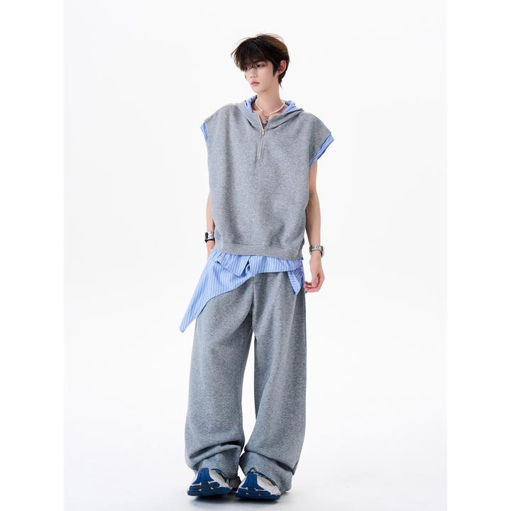 夏季设计感半拉链假两件连帽百搭休闲情侣无袖拼接衬衫套装