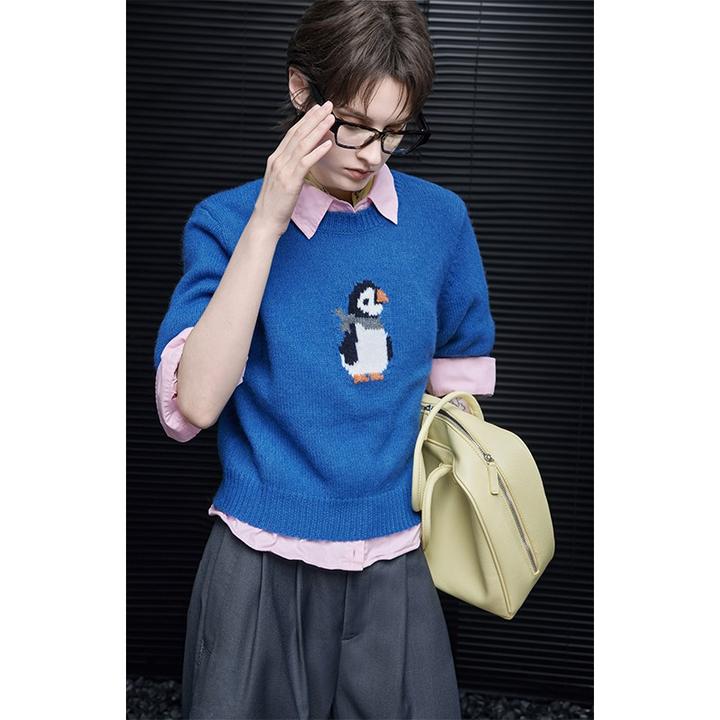 moment蓝色五分袖毛衣针织衫女2025秋季新款圆领休闲百搭显瘦时尚