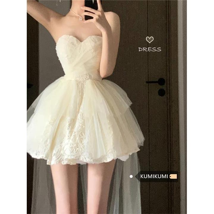 高级感拖尾礼服裙抹胸蕾丝连衣裙女夏季气质收腰蓬蓬裙子