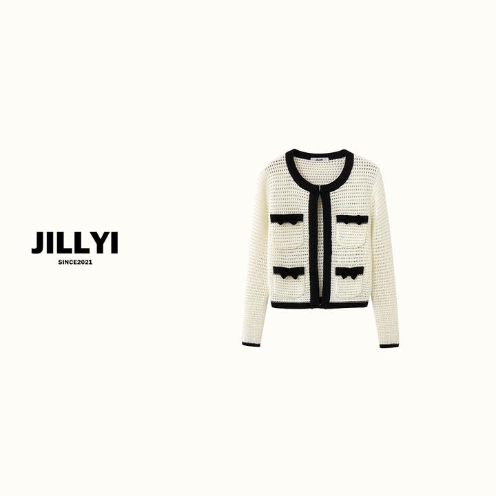 JILLYI珠海店【纯净白雪】黑白拼色圆领镂空工艺时尚针织开衫