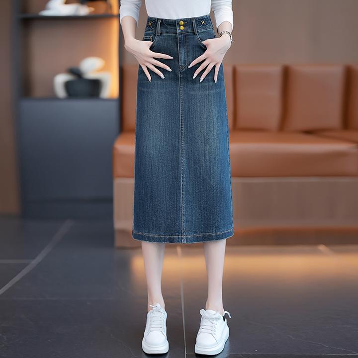 拉夏贝尔开叉牛仔半身裙女秋季2025韩版新款中长款百搭洋气包臀裙