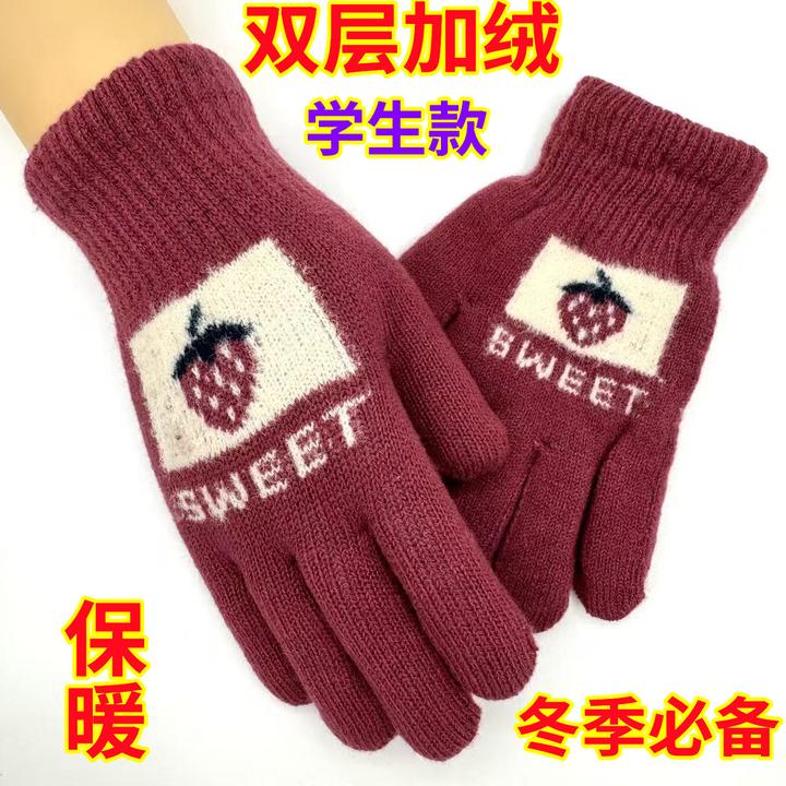 大童手套秋冬10-16岁女孩卡通加绒学生双层加厚小孩五指保暖手套