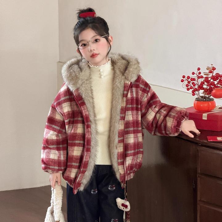 女童冬装格子外套2025新款大童连帽加厚仿貂毛皮草洋气儿童双面穿